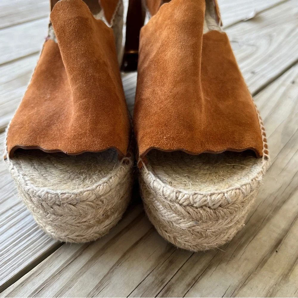 Chloe Lauren 40 Brown Suede Espadrille Wedge Sandals Cognac ankle wrap platform